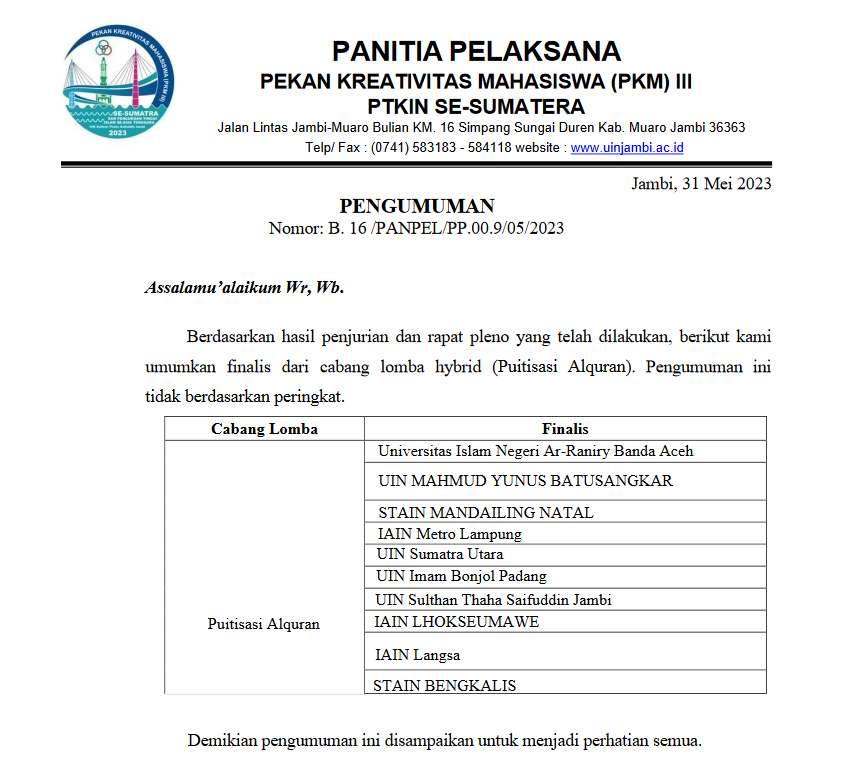 Tahniah! 6 Cabang Lomba Hybrid STAIN Bengkalis Siap Melaju ke Babak Final PKM Se-Sumatera Tahun 2023 (1)