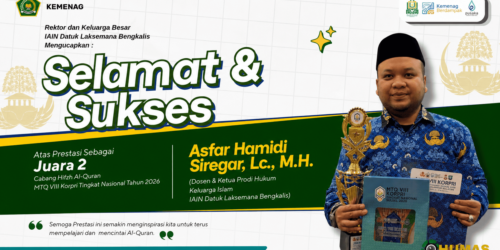 Dosen IAIN Datuk Laksemana Bengkalis Raih Juara II Hifzh Al-Qur’an MTQ VIII KORPRI Tingkat Nasional 2026 (1)